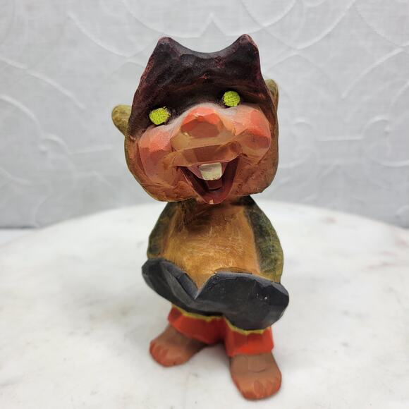 Henning Norway Hand Carved Troll Figurine Signed Vintage Wood Folk Art 7520 - Picture 1 of 11